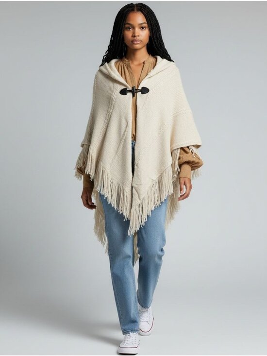 Charter Club Sweaters - New Charter Club Womens Ivory Raschel-Knit Poncho Wrap With Toggle Closure & Fri